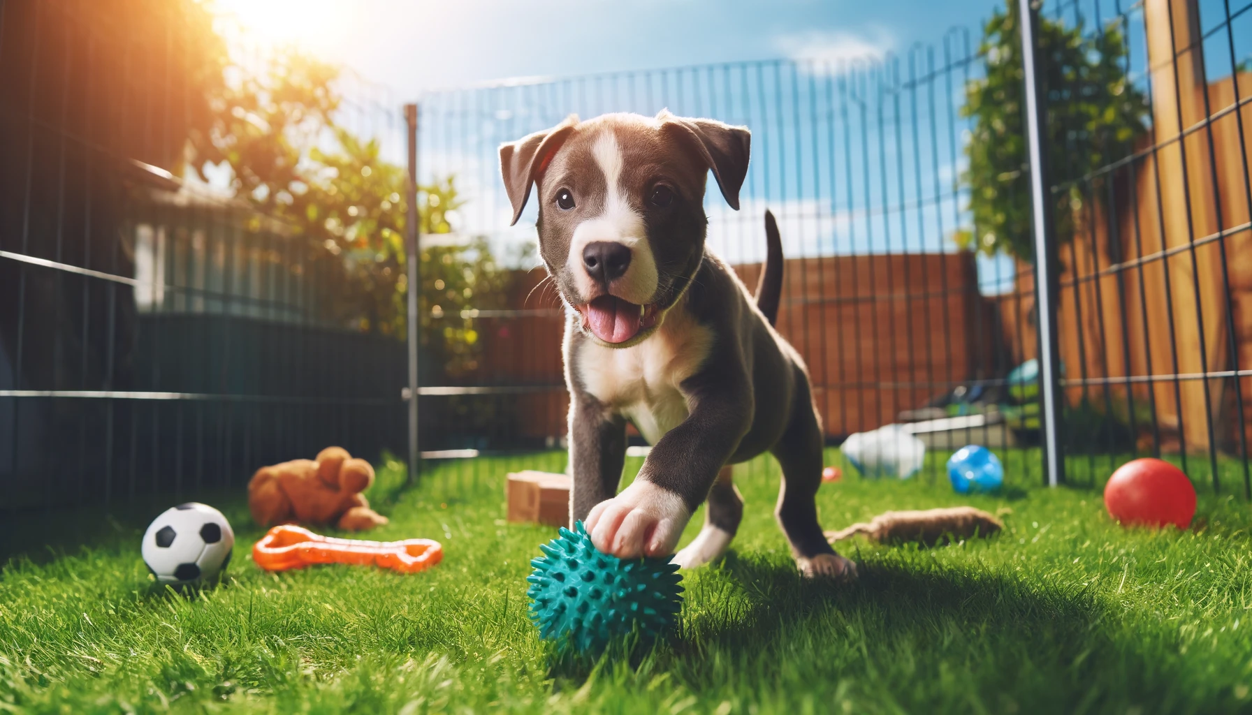 A playful and energetic pit bull puppy playing in a safe outdoor environment. 