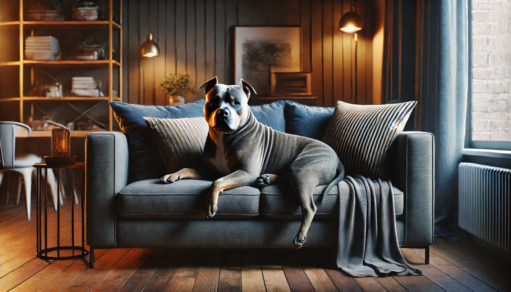 a Pitbull laying on a sofa. The dog is large, with a sleek brindle coat. The sofa is modern and plush, upholstered in dark fabric, situated in a cozy living room setting with warm lighting and decorative pillows.
