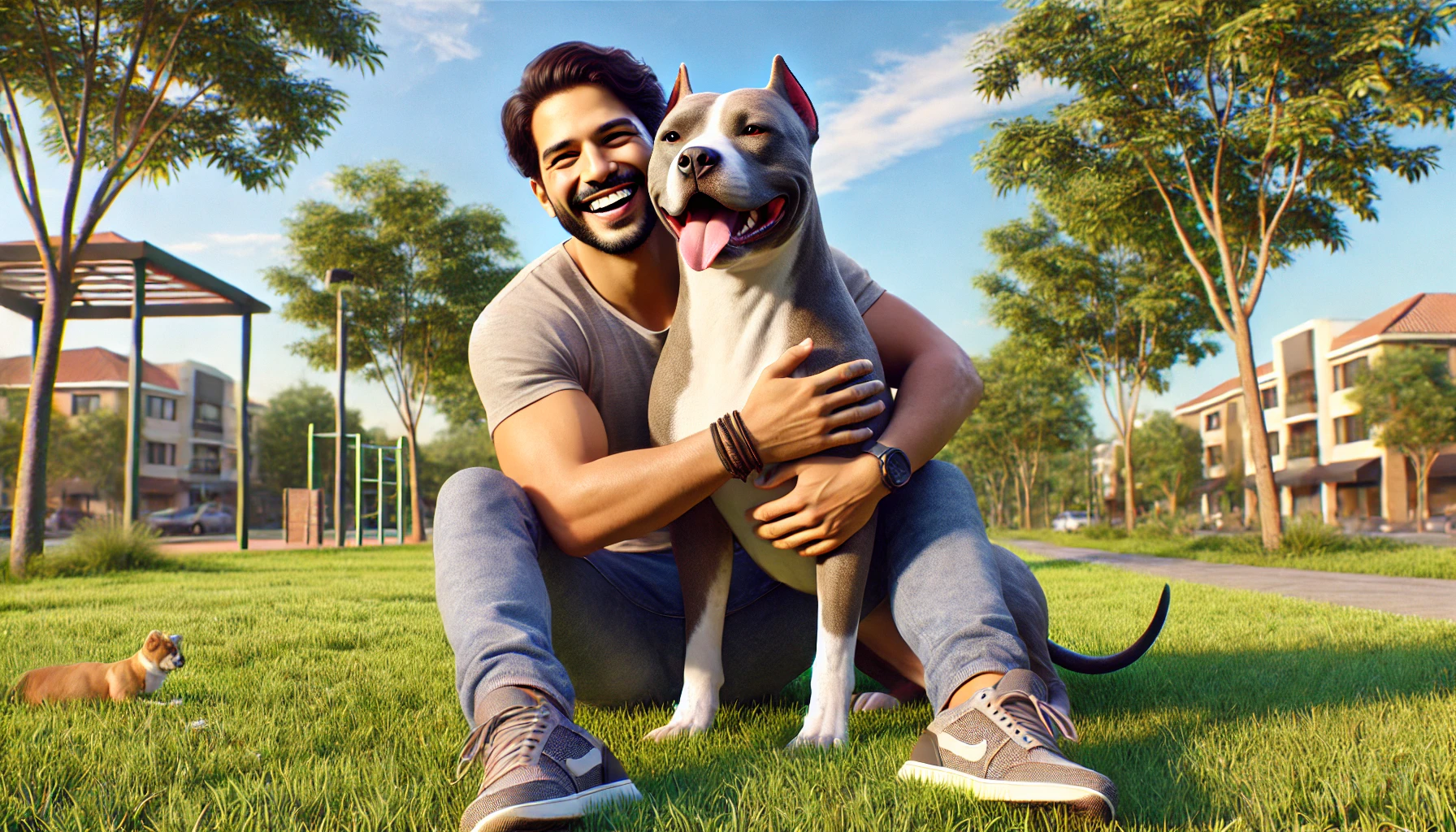 a smiling man hugging his Pitbull outside in a park. The man is of South Asian descent, wearing casual clothes, and the Pitbull is a gray and white dog with a muscular build.