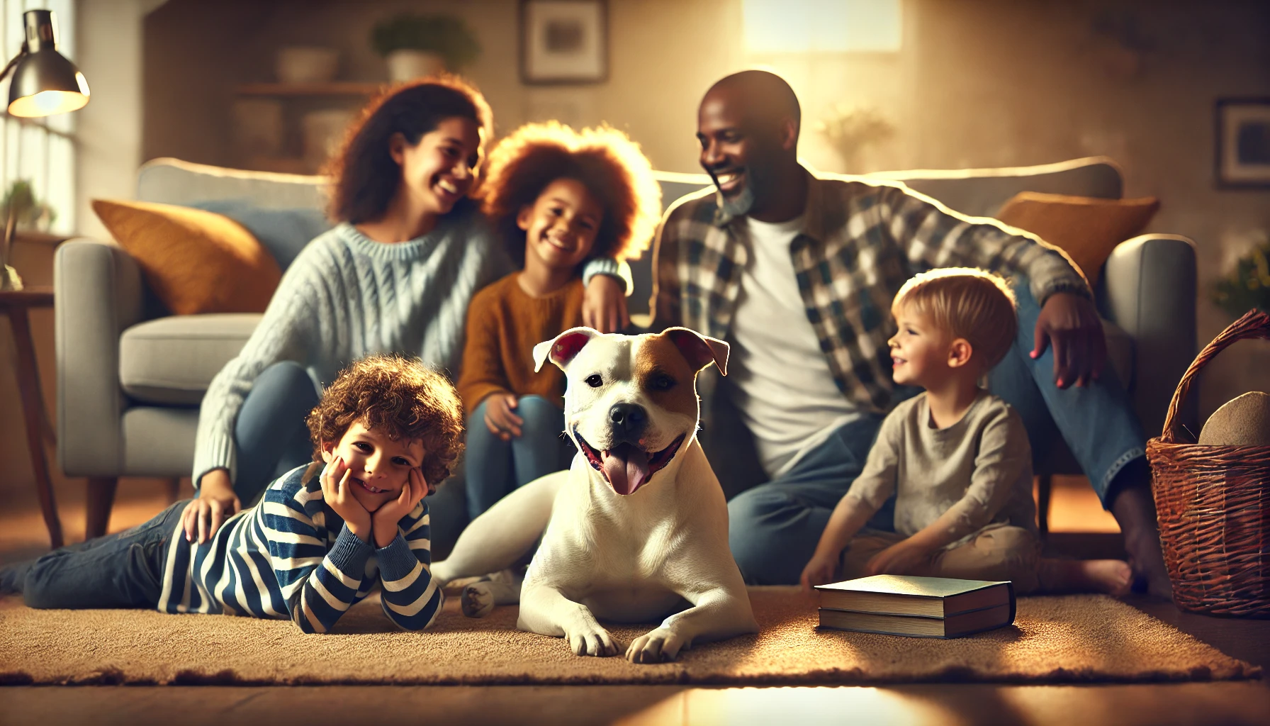 A pit bull lounging happily with a family in a cozy living room.