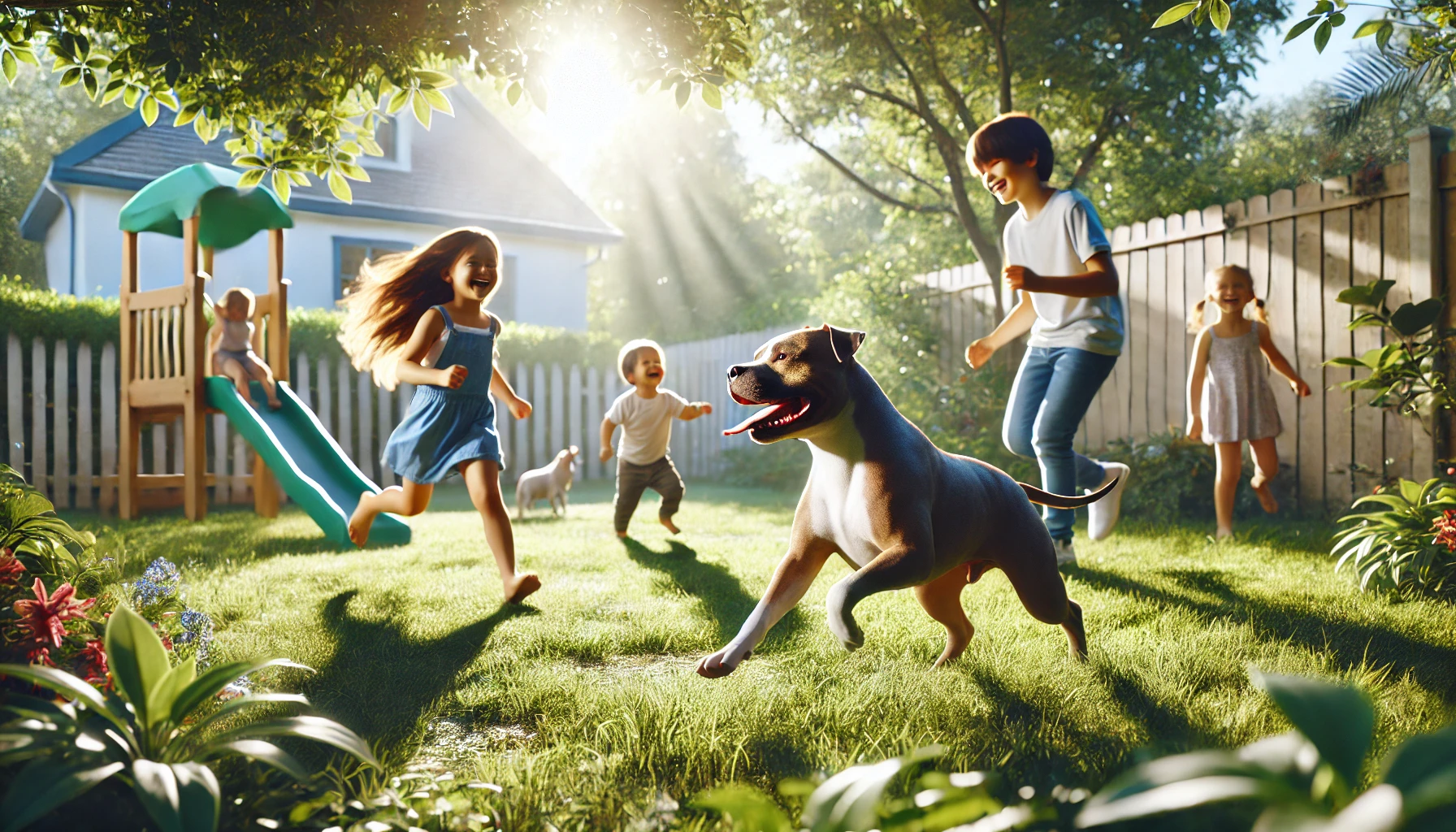 A pit bull playing outdoors with children in a sunny backyard.