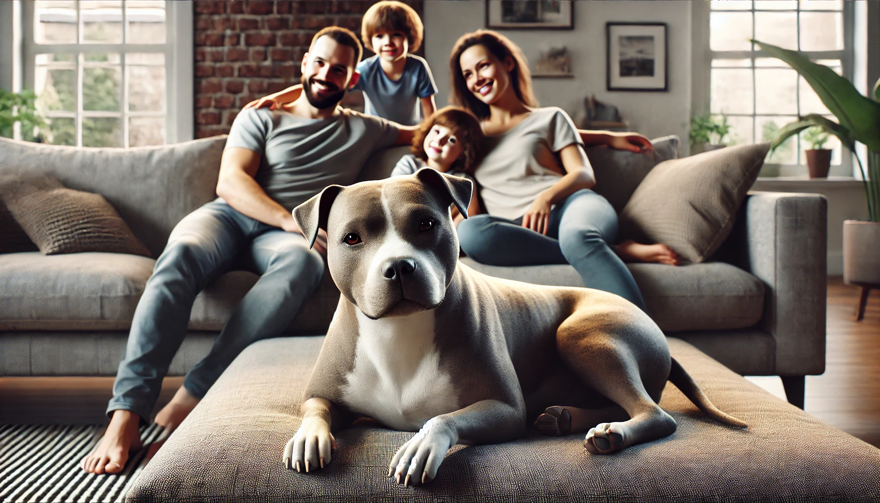 A pit bull lounging comfortably on a couch with family members nearby.