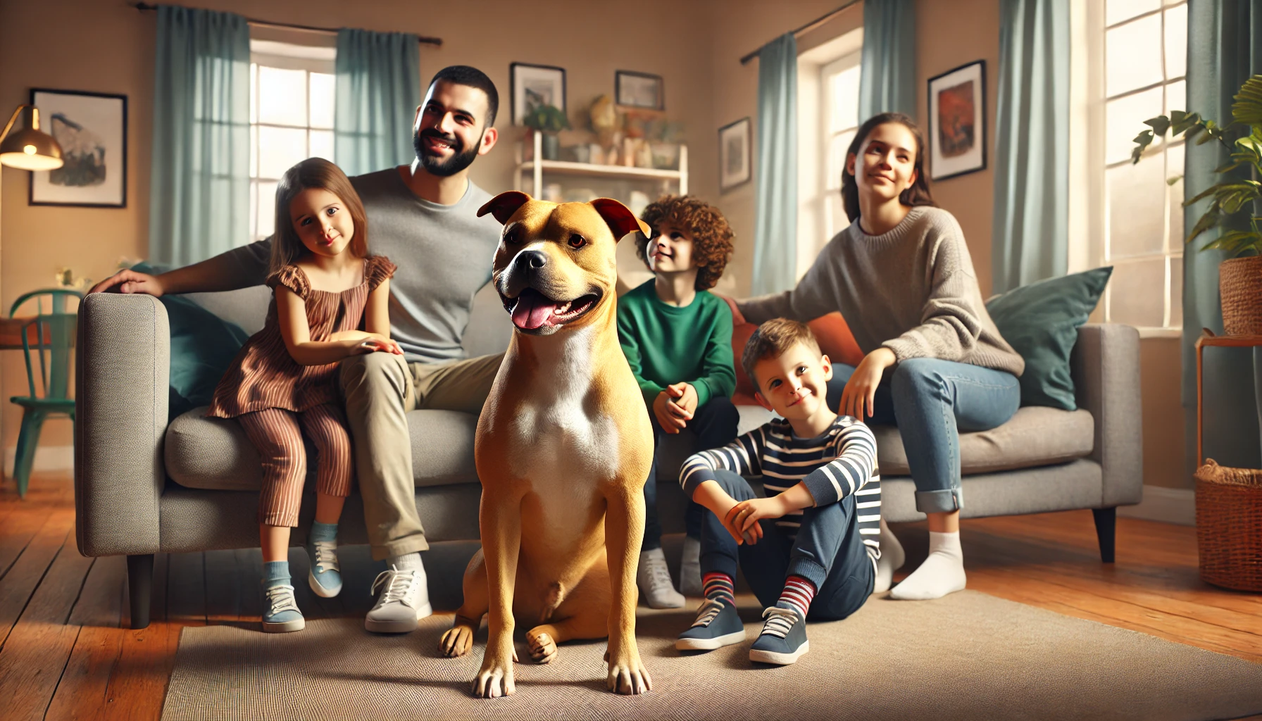 A pit bull dog sitting happily with a family in a cozy living room setting.