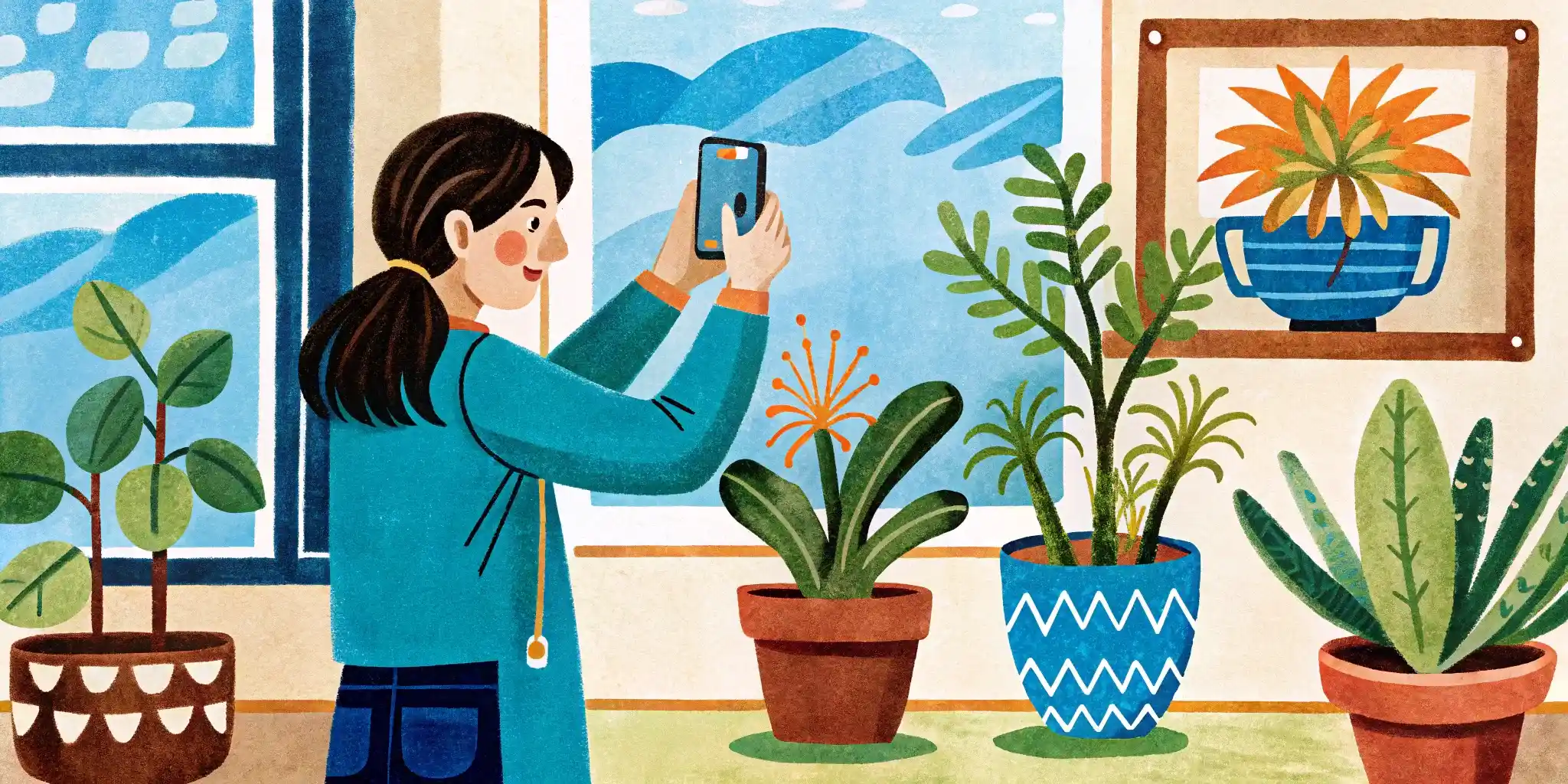 a woman takes pictures of her house plant with her phone