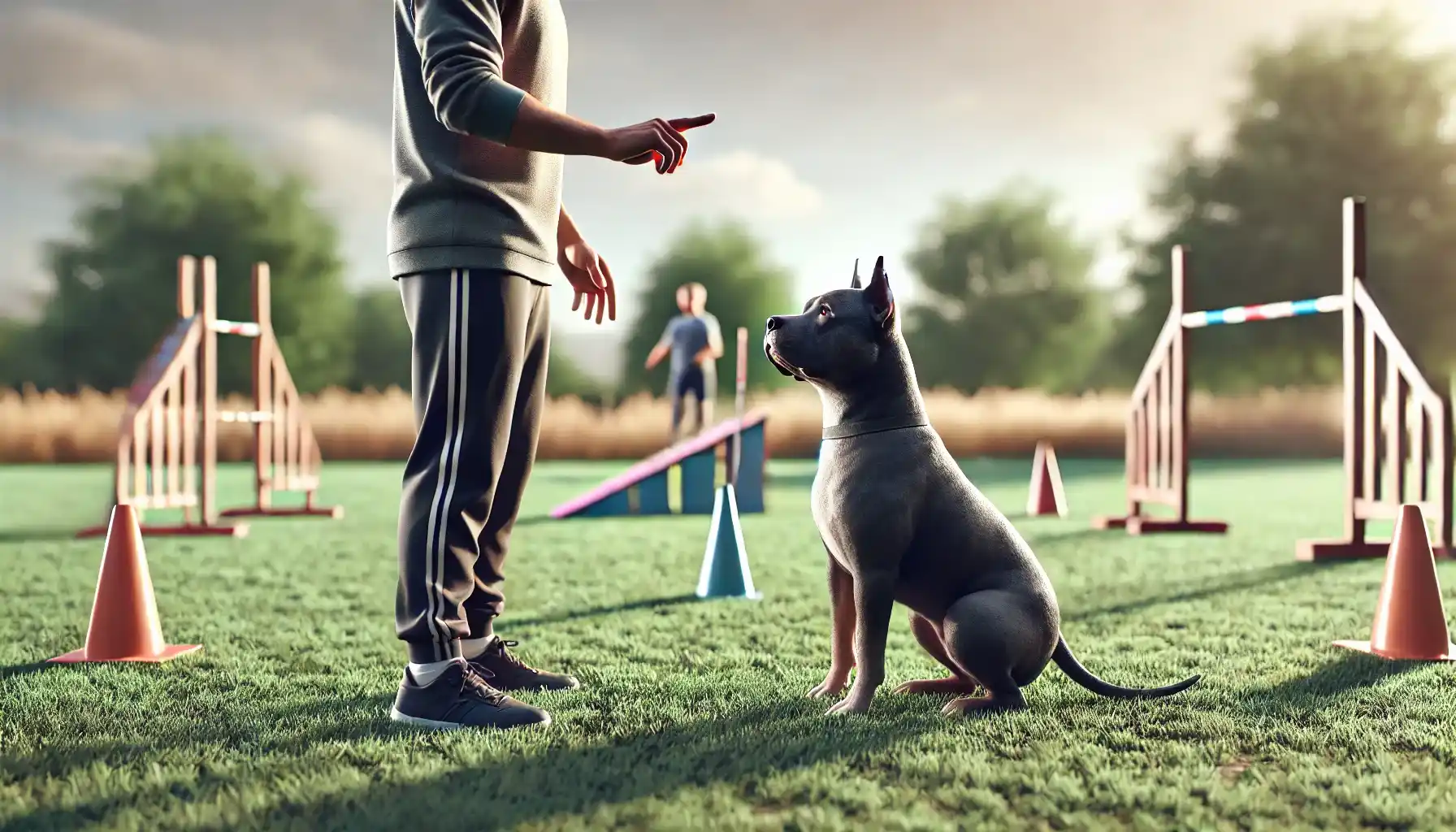 An image of a person training their attentive pit bull in a spacious outdoor park, using hand signals and positive reinforcement.