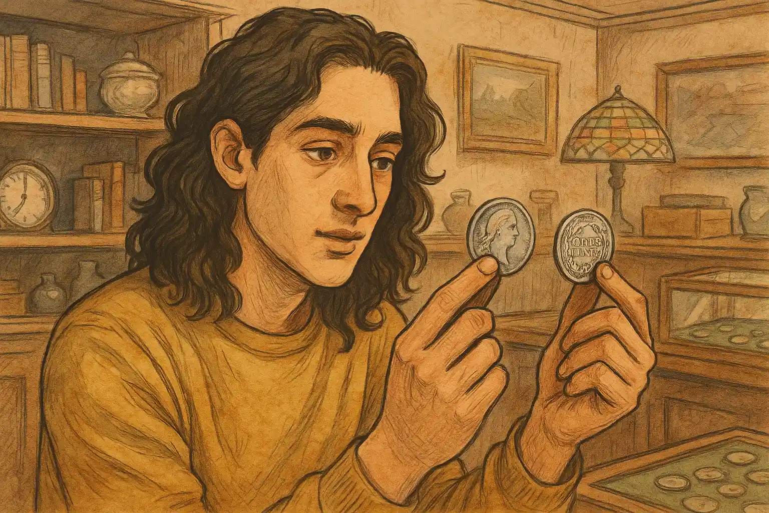 A young man with long curly hair compares two old dimes.