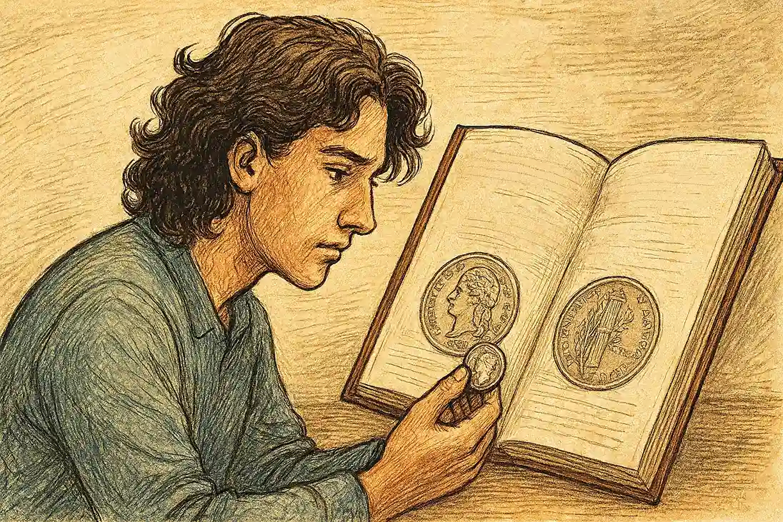 A young man checks for info about dimes in a numismatic book.