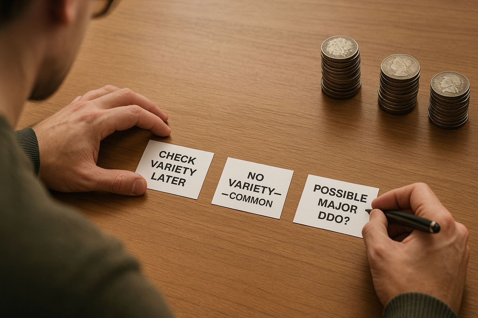  A collector sorts coins into labeled groups—“Check Variety Later,” “No Variety — Common,” and “Possible Major DDO?”—to separate meaningful varieties from minor look-alikes.